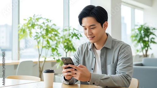 Young Asian man smiling while using smartphone in a bright modern office with plants.