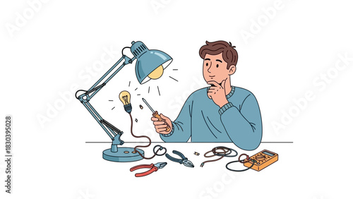 Vector illustration of a thoughtful man holding a screwdriver while trying to fix a broken desk lamp with various electrical tools