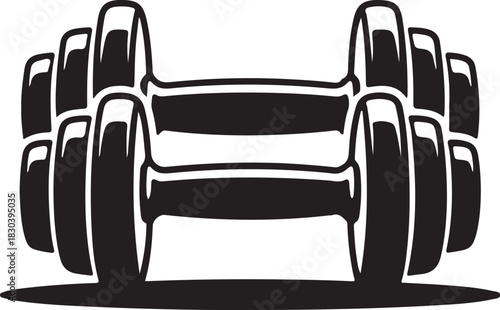 Dark silhouette vector icon of a classic workout dumbbell for fitness and exercise concepts