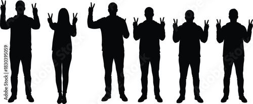 Silhouette people raising hands, peace sign gesture, group unity, family together, teamwork concept, diversity illustration, freedom expression, lifestyle 