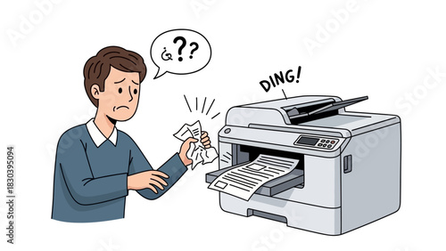 Frustrated man struggles with a malfunctioning office printer experiencing a frustrating paper jam, causing a common workplace problem