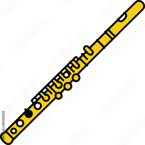 Yellow flute vector icon representing a musical wind instrument for music education and entertainment