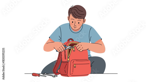 Young person troubleshooting a stuck zipper on a rucksack, using hand tools for a DIY backpack repair