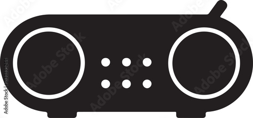 Black boombox vector silhouette with two speakers and central controls for music playback