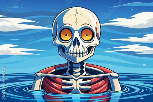motionless skeleton floats on perfectly calm reflective water, mirroring the blue sky, drifting clouds, and peaceful soft atmosphere