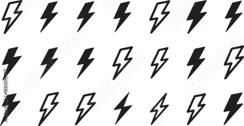 Black lightning bolt icons on white background thunder