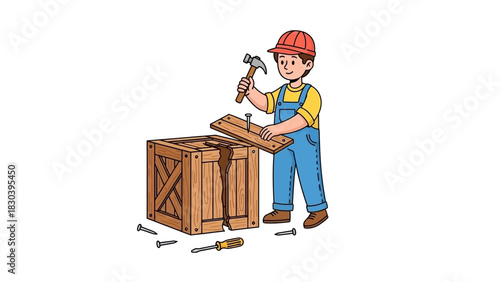 A young boy in a construction helmet assembling a wooden crate with a hammer. A vector cartoon illustration about DIY projects and hobbies
