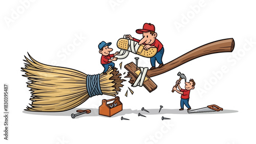 Conceptual illustration of teamwork and problem-solving with little people mending a broken broomstick