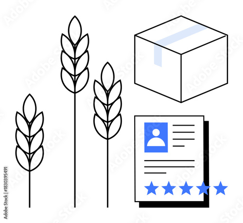 Wheat stalks, sealed shipping box, and a profile document with a five-star rating. Ideal for supply chain, agriculture, logistics, product quality, certification, customer feedback reputation