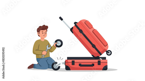 Traveler Mending a Broken Wheeled Suitcase, Facing Unexpected Luggage Repair During a Journey Adventure