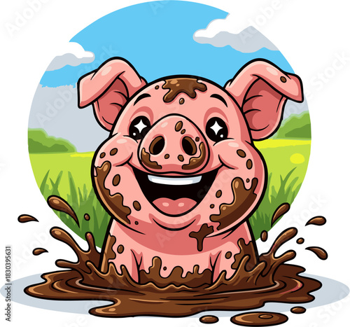 An absolutely delightful and joyful cartoon pig cheerfully splashing in a messy mud puddle, radiating pure happiness and playful energy on a bright, vibrant farm day