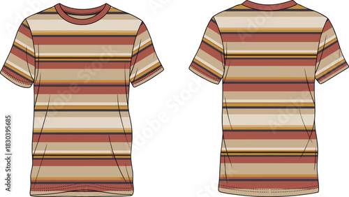 Striped short sleeve t-shirt, beige brown rust colors, round neck, casual wear, fashion apparel, unisex garment, clothing template, outfit design
