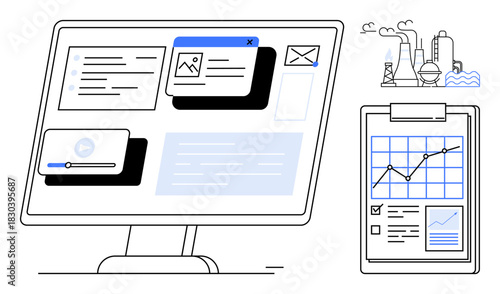 Computer monitor showing data, graphs, and media with an industrial plant silhouette and clipboard tracking performance metrics. Ideal for analytics, technology, reporting, energy, business