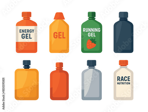 Energy gel packaging designs, nutrition supplements, flat vector illustration