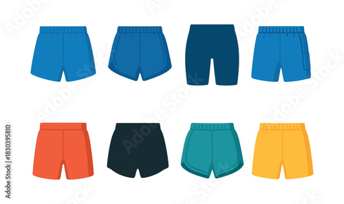 Athletic shorts collection, flat vector illustration, sportswear design, casual fashion