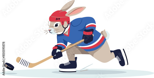 Vector illustration of a cartoon rabbit ice hockey player skating fast with a stick and puck isolated on white