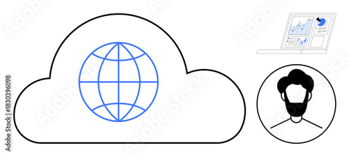Cloud with global network grid, user profile avatar, and data analytics on laptop. Ideal for technology, cloud computing, global connectivity, remote work, user profiles, data visualization simple