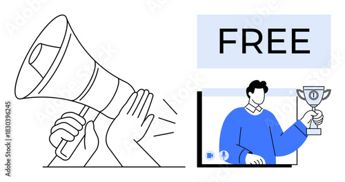 Megaphone with clapping hands and person holding a trophy beside free text. Ideal for online promotion, advertising, rewards, success, recognition, digital marketing, and motivation