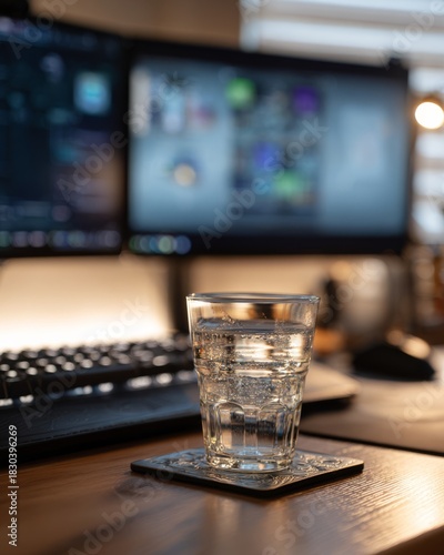 A clear glass of water on an ornate coaster with a softly lit computer desk in the background.