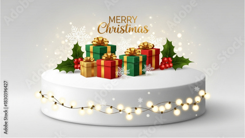 Festive Christmas gift boxes on a white podium with sparkling lights and holly decorations