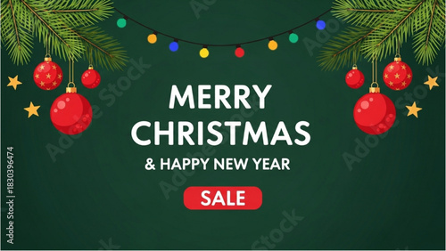 Festive Christmas Banner with Ornaments, Lights, and a Sale Announcement for the Season