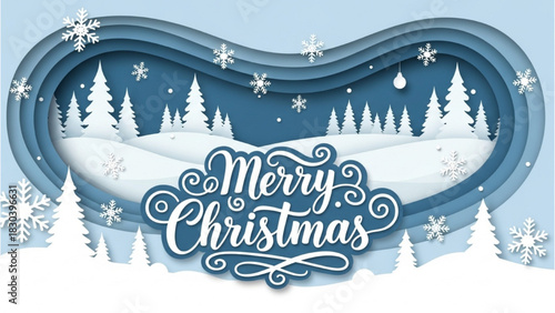 Festive Paper Cut Christmas Scene with Snowflakes, Winter Trees, and Elegant Merry Christmas Calligraphy