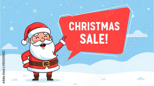 Smiling Santa Claus character in a snowy landscape promoting a big Christmas holiday sale