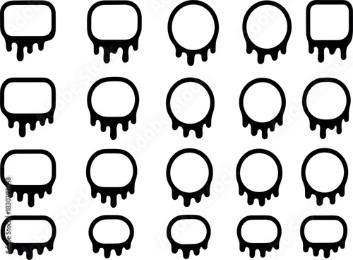 Black dripping shapes rounded rectangles and circles on white background liquid melt