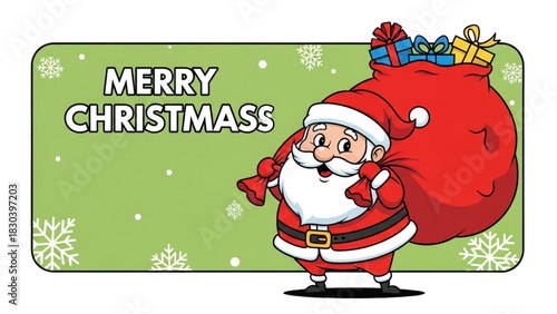 Merry Christmas Greeting Card Featuring Santa Claus and a Bag of Gifts