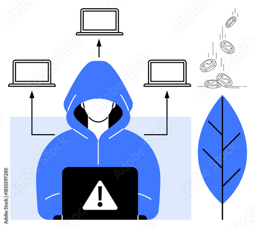 Hooded figure at a laptop with alert sign, connected to multiple computers and digital coins. Ideal for cybersecurity, hacking, fraud, online safety, digital theft, data protection, simple flat