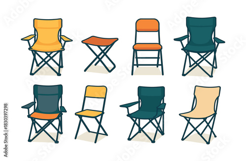 Camping chairs set, folding seats and stools, flat vector illustration