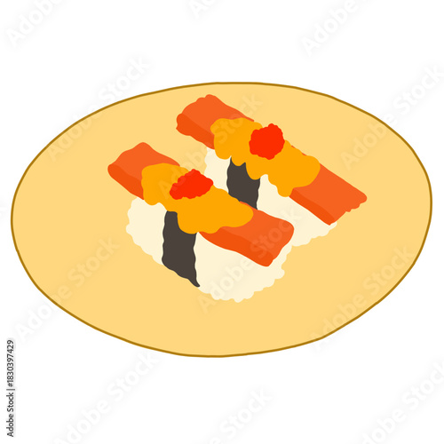 Deliciously prepared nigiri sushi featuring sweet and savory imitation crab (kani) topped with creamy, rich sea urchin roe (uni) and a sprinkle of bright red tobiko