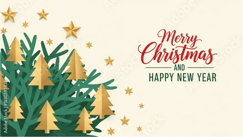 Merry Christmas and Happy New Year Festive Greeting with Ornaments and Pine Branches
