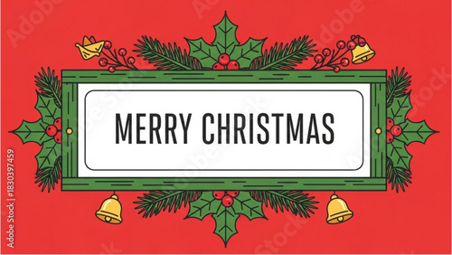 Festive Christmas greeting card banner with retro holly, pine, and bell decorations on a red background