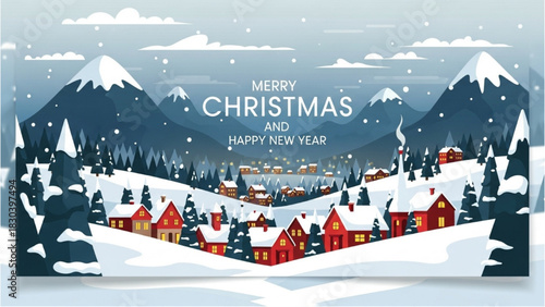 Festive winter wonderland illustration of a cozy village nestled in snowy mountains at night