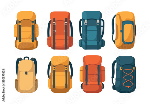 Hiking backpack set, camping gear, travel rucksacks, flat vector illustration