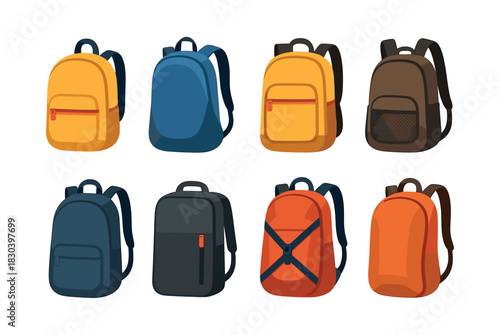 Backpack collection, flat vector illustration, bags, rucksacks in various colors