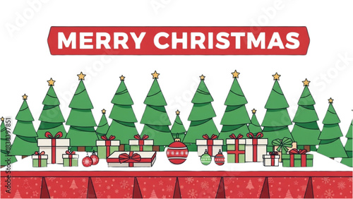 A festive Christmas holiday scene with decorated trees and gift boxes on a red tablecloth