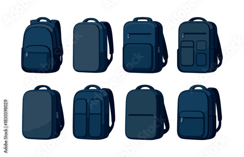 Backpack collection, flat vector illustration, bags, travel gear, school essentials