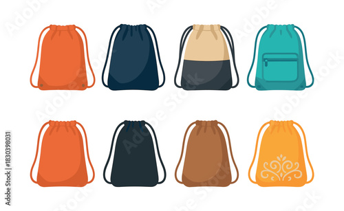Drawstring bags collection, flat vector illustration, backpacks, knapsacks, sacks