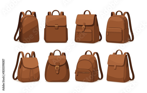 Backpack varieties, rucksacks, satchels, flat vector illustration in brown tones