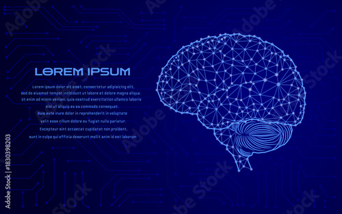 Abstract polygonal of human brain, glowing with nodes and lines, Dark blue background