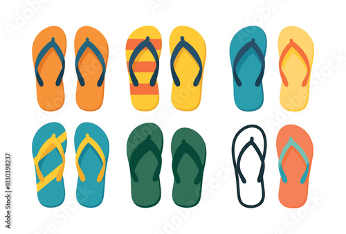Colorful flip flop collection, beach footwear designs, flat vector illustration