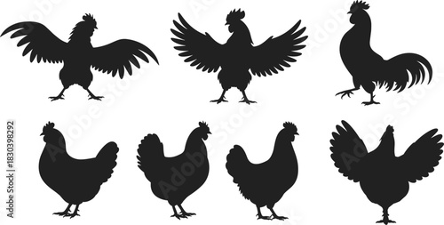 "Collection of rooster and hen silhouettes showing various poses perfect for farm animal design, poultry illustration, and vector artwork use"