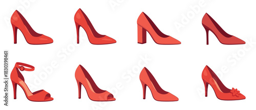 Red high heels collection, flat vector illustration, women’s fashion, elegant shoes