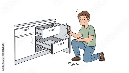 Struggling Young Man Assembling Flat Pack Furniture, Tackling a DIY Home Renovation Project with Confusion