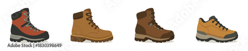 Hiking boots variety, flat vector illustration, outdoor footwear collection