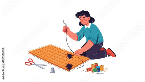 Woman engaged in sewing, mending fabric with needle and thread, surrounded by sewing supplies