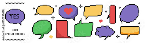 Pixel style dialogue boxes collection. Empty message balloons in different shapes. 8 bit retro game style.