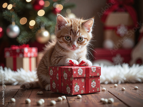 Orange kitten peeking curiously from a red Christmas gift box,A curious kitten with a Christmas box creates a warm and charming holiday mood.